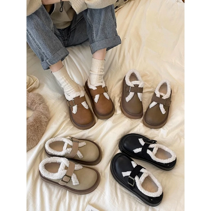 南在南方保暖厚底棉鞋女款2024新款冬季加绒加厚一脚蹬勃肯毛毛鞋