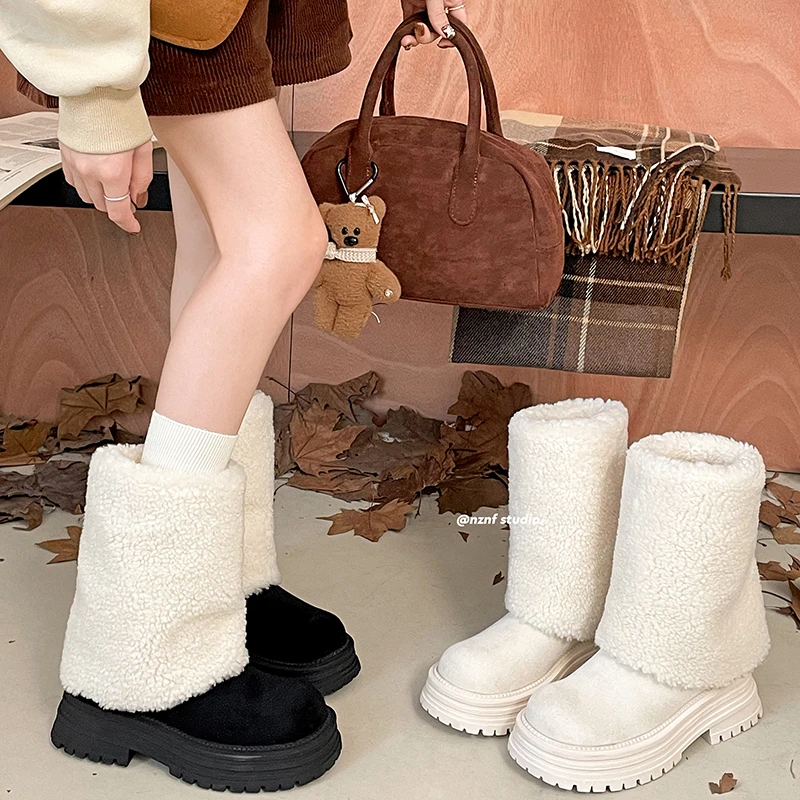南在南方美式复古加绒厚底雪地靴女款2024新款秋冬增高加厚短筒靴