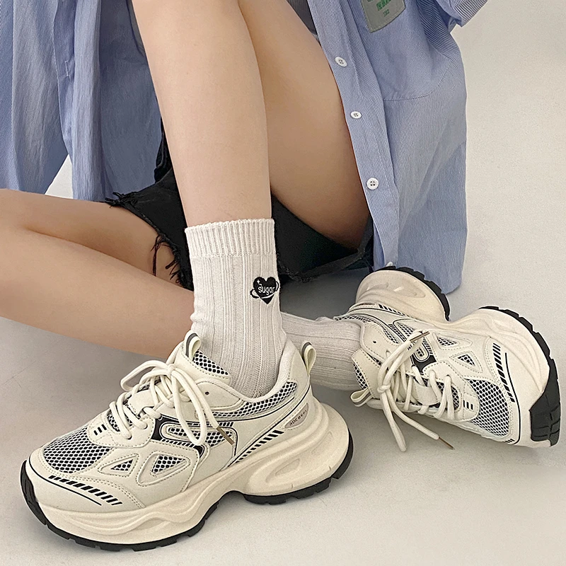 网面白色港风显脚小厚底老爹鞋女2024秋季新款炸街百搭轻便运动鞋