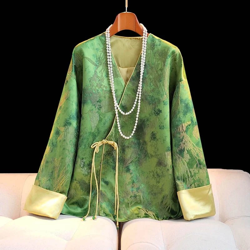 南油新中式国风2024秋季新款外套V领绿色长袖上衣显白气质