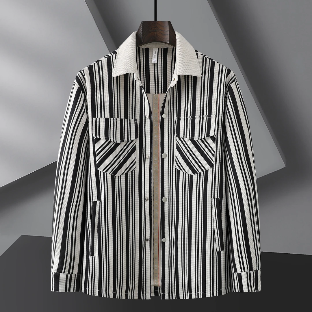 外套男士男装夹克休闲格子翻领秋季秋冬春秋长袖时尚宽松加绒条纹