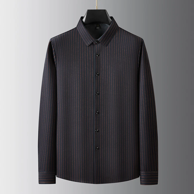 【郭有样大码】男士秋冬长袖衬衣时尚休闲条纹商务宽松加绒衬衫上衣