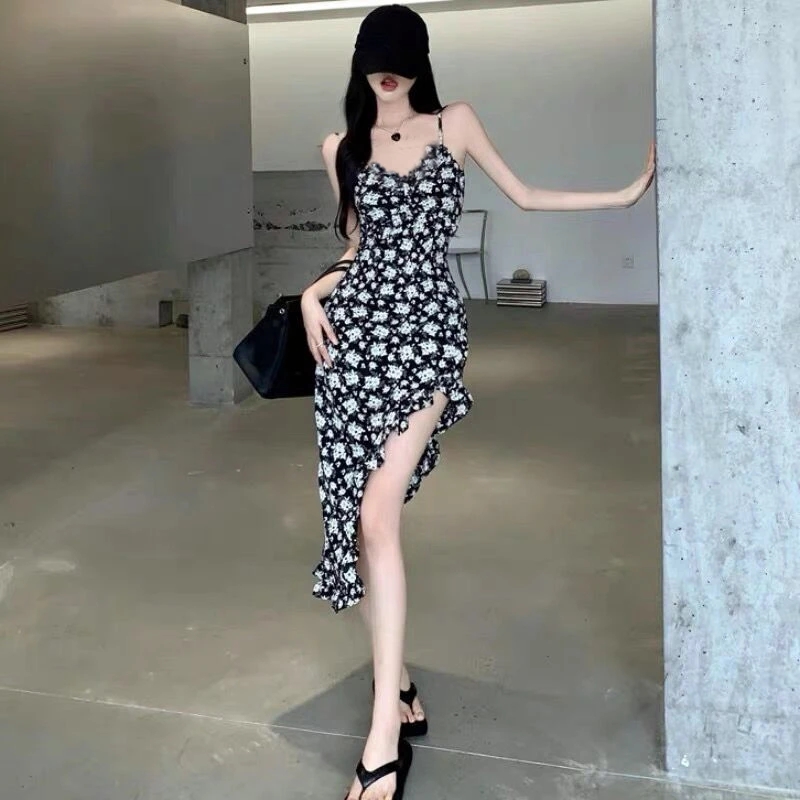 夏季连衣裙收腰吊带法式中长裙防晒开衫碎花吊带裙轻熟长裙裙子