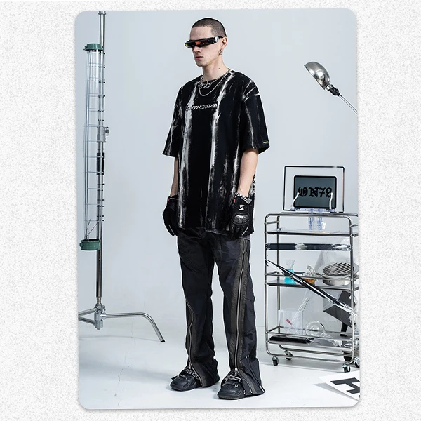 新款高街潮流嘻哈男女同款扎染金属立体字未来感圆领宽松短袖T恤