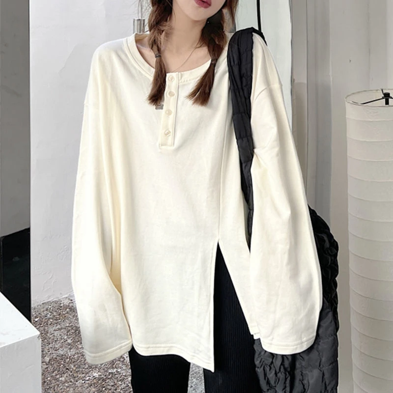 特大码2-300斤开叉不规则T恤女春秋胖mm慵懒风宽松长袖上衣ins潮