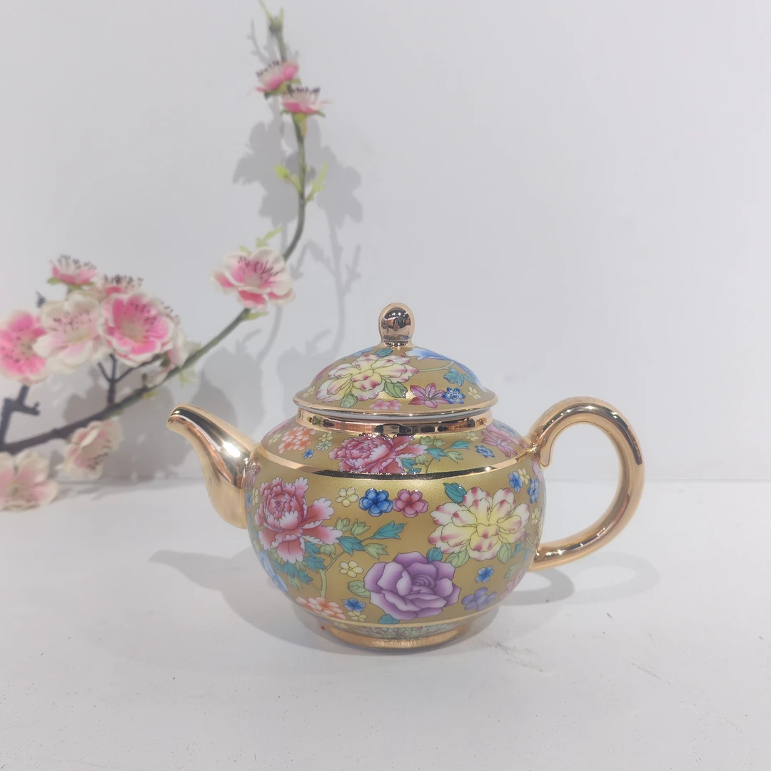 景德镇陶瓷现代金色珐琅万花小茶壶