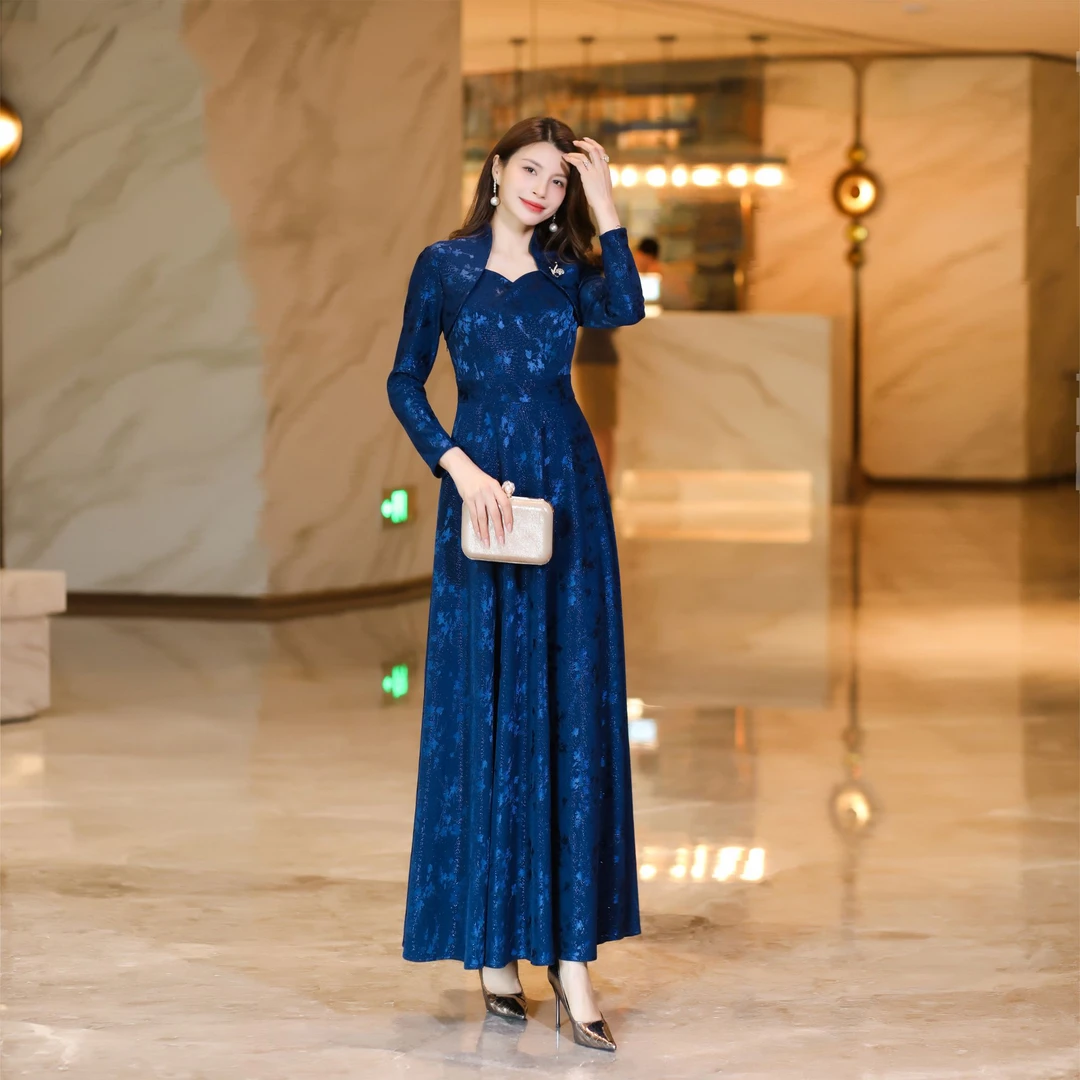 新款时尚优雅高贵宝石蓝收腰长袖显瘦超长大摆连衣裙2386春秋