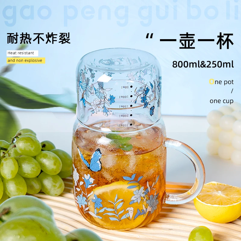 耐热大容量蝴蝶带把手玻璃杯高硼硅煮茶泡茶壶果饮杯家用牛奶杯