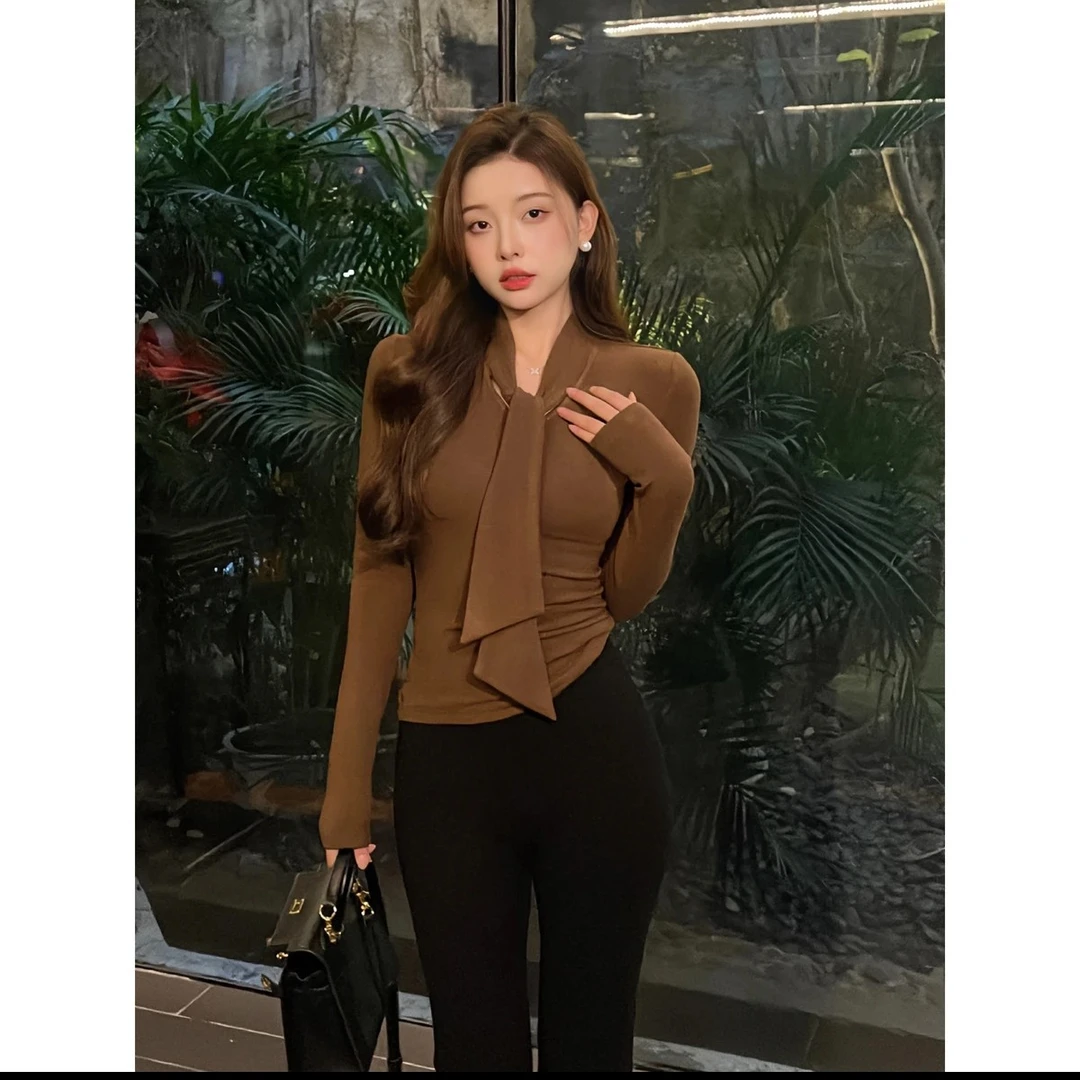 绑带小众秋冬氛围感别致拼接设计感甜辣修身长袖打底上衣女D1059