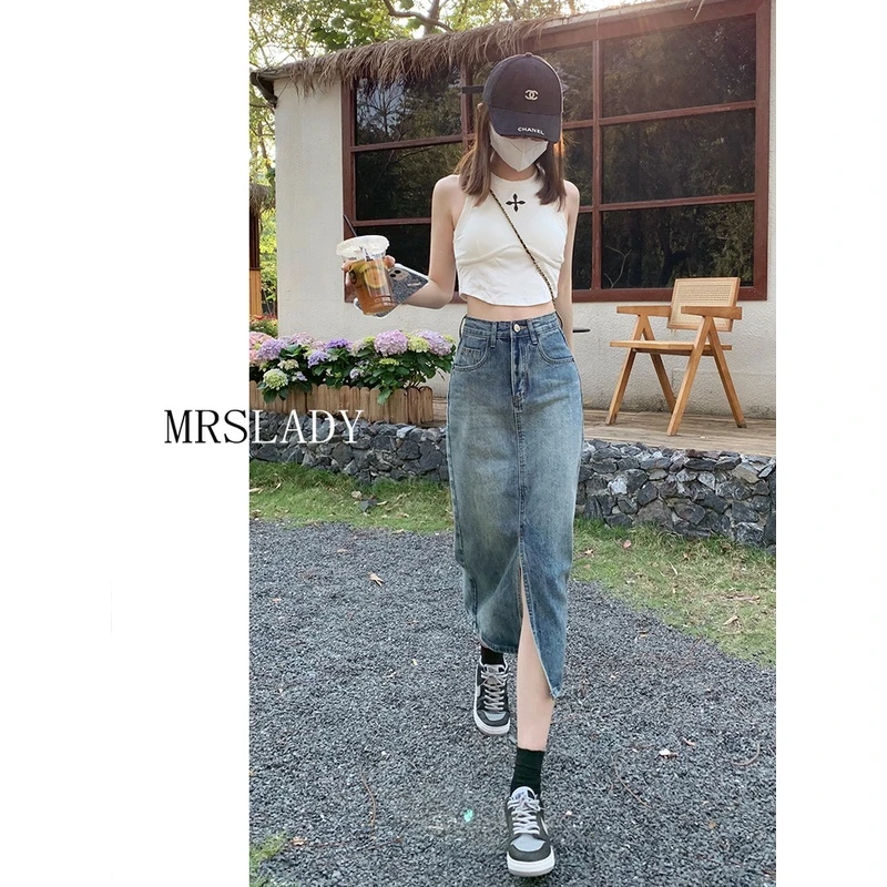 大码高腰开叉牛仔半身裙夏季女2023设计感中长款遮胯a字包臀裙