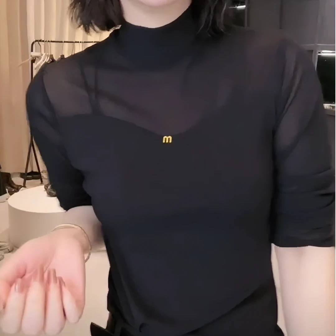 【90-190斤】早秋款圆领设计感时尚百搭网纱长袖显瘦上衣女D1539