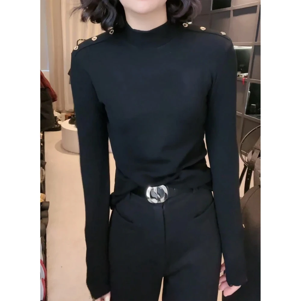 秋冬时尚百搭半高领长袖打底衫女士拼接设计感打底小衫上衣D1560#