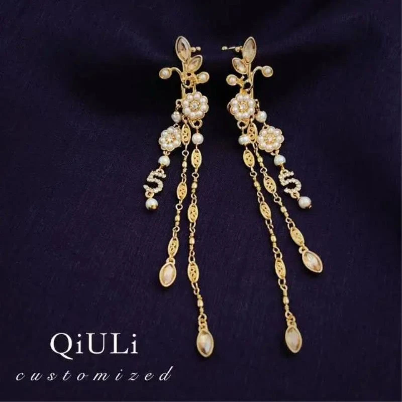 合金仿珍珠耳饰 邱黎 · 法式优雅麦穗经典山茶花流苏耳钉 1h3524