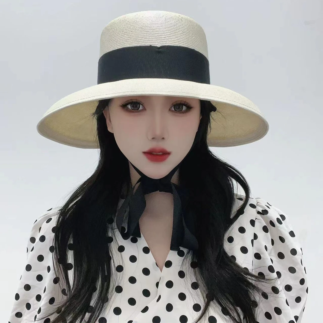 重磅！极细一分草手工编织遮阳防晒夏季黑色织带赫本帽 1c770