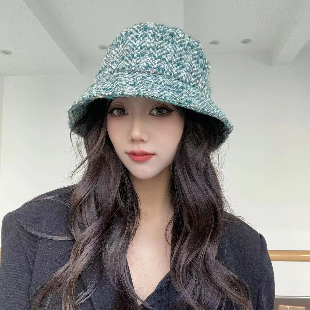 献上邱姐膝盖系列13！秋冬氛围感蓝粗花呢百搭渔夫帽  1d2101