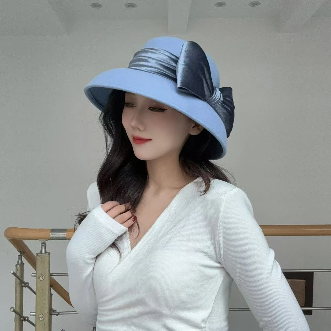 QIU LI · 秋冬法式复古赫本风优雅蝴蝶结百搭羊毛帽子盆帽 1d2194