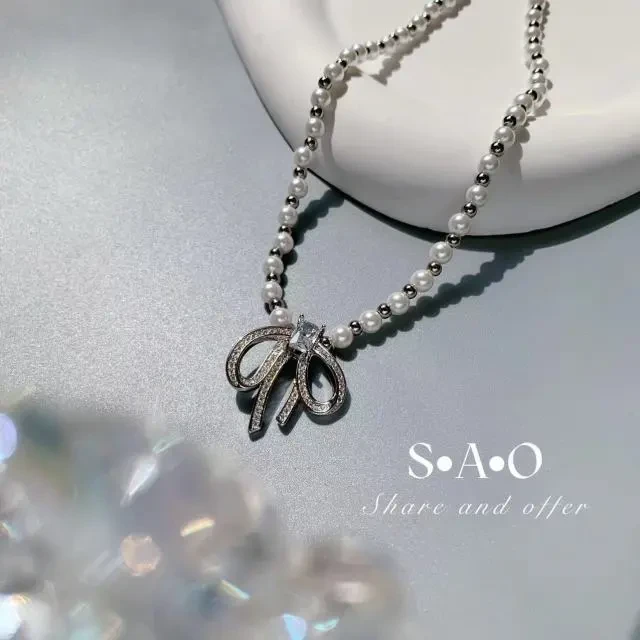 合金项链 QIU LI・小众设计感小礼扣蝴蝶结珠珠项链 1h204