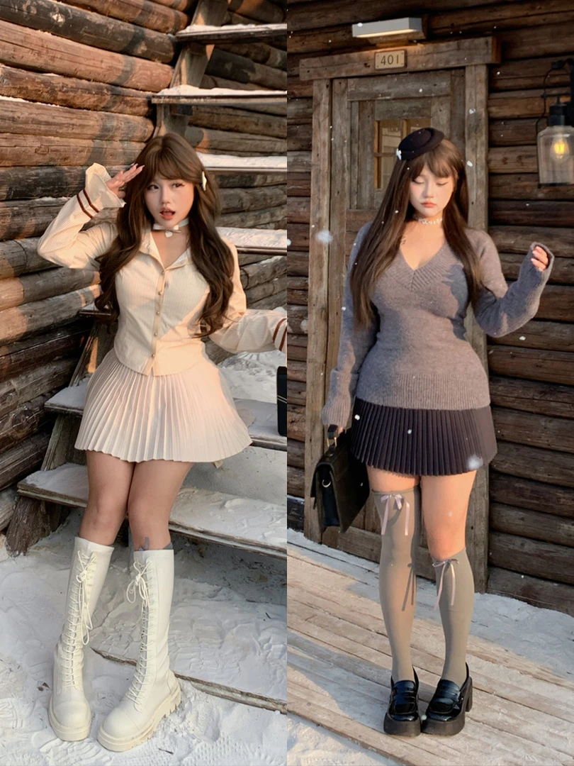 欣甜 百褶裙学院风微胖大码秋季新款高腰短裙显瘦修身半身裙21111