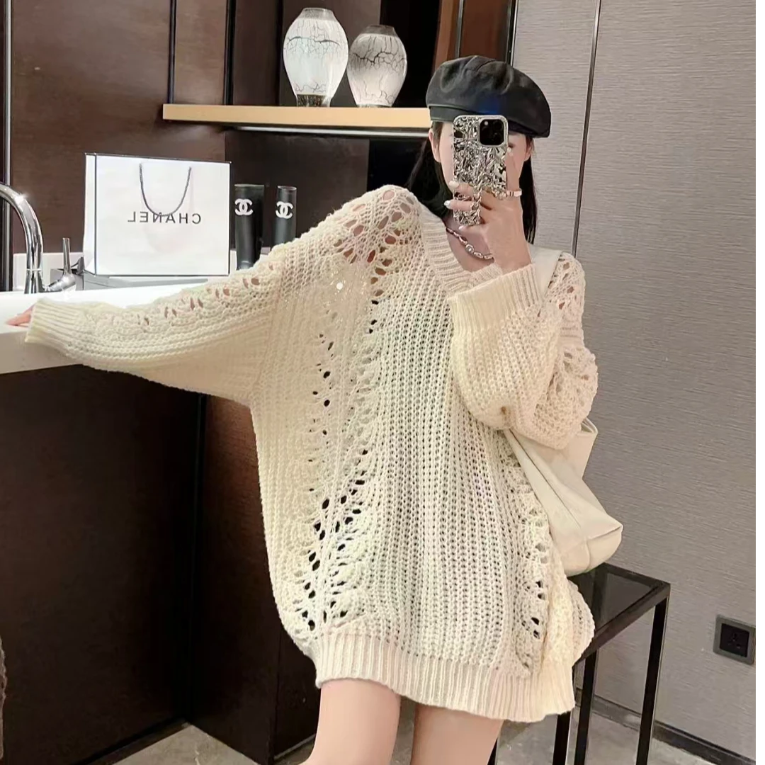 长袖针织时尚宽松气质气质网红百搭镂空中长款慵懒风毛织上衣6612