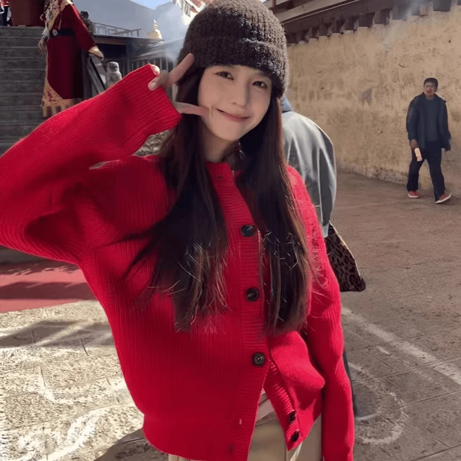 网红毛衣针织百搭红色宽松慵懒风圆领时尚休闲秋冬毛衣外套20936