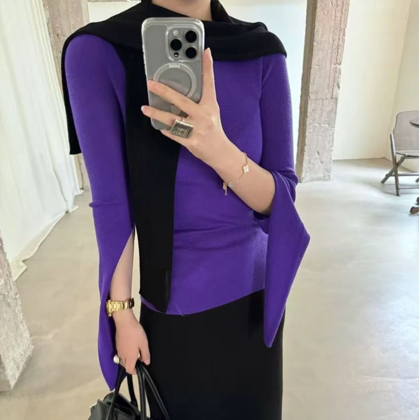 打底显瘦气质长袖修身纯色网红时尚韩版百搭设计感上衣打底6630