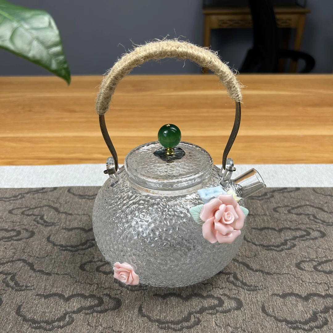 【滨星堂】3A级别锤纹高硼硅玻璃大水壶陶瓷手工捏花煮茶壶耐热壶