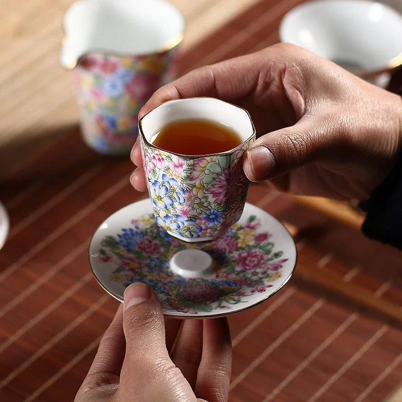 高颜值高端个性茶杯陶瓷万花珐琅彩八角斗笠杯家用主人品茗杯网红