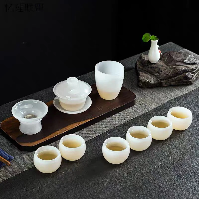 白玉琉璃盖碗茶杯整套琉璃大号手工单个泡茶器家用功夫三才扫茶碗