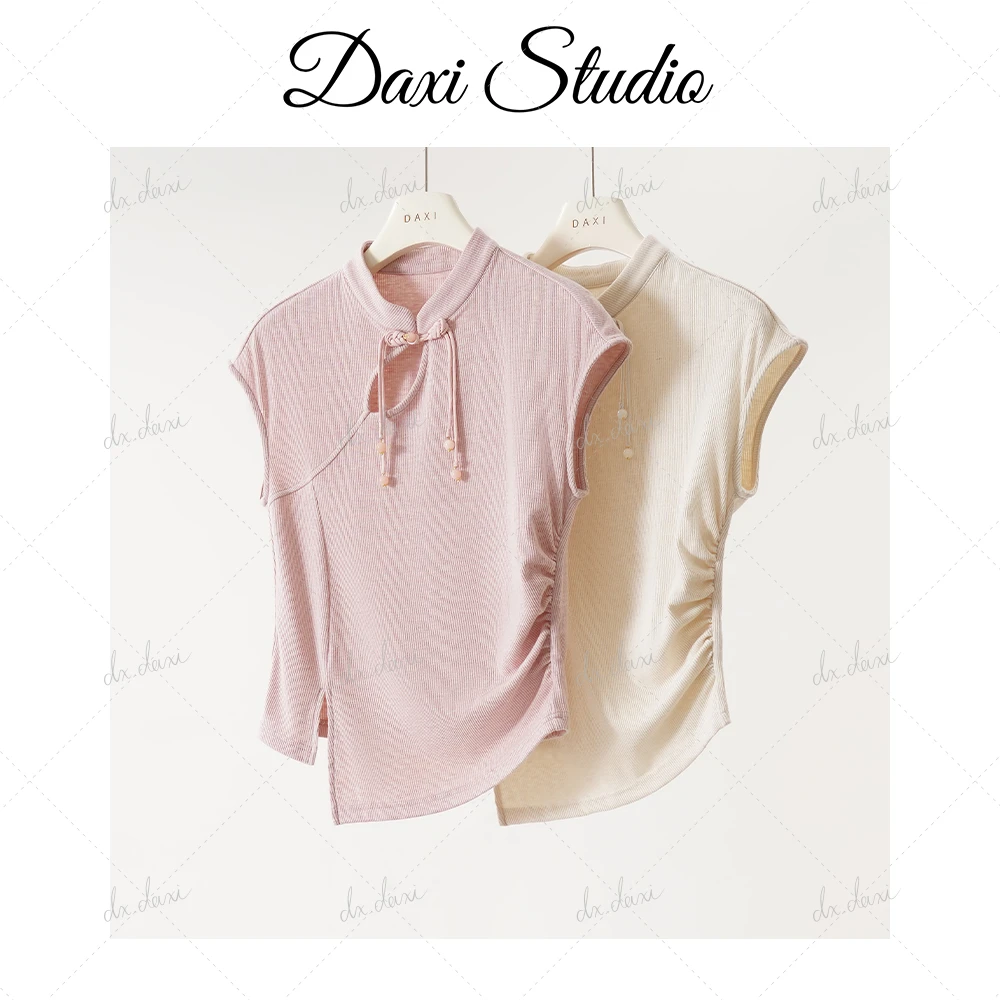 DX.DAXI【沁粉百合】24春夏新款立领国风盘扣短袖T恤不规则镂空上