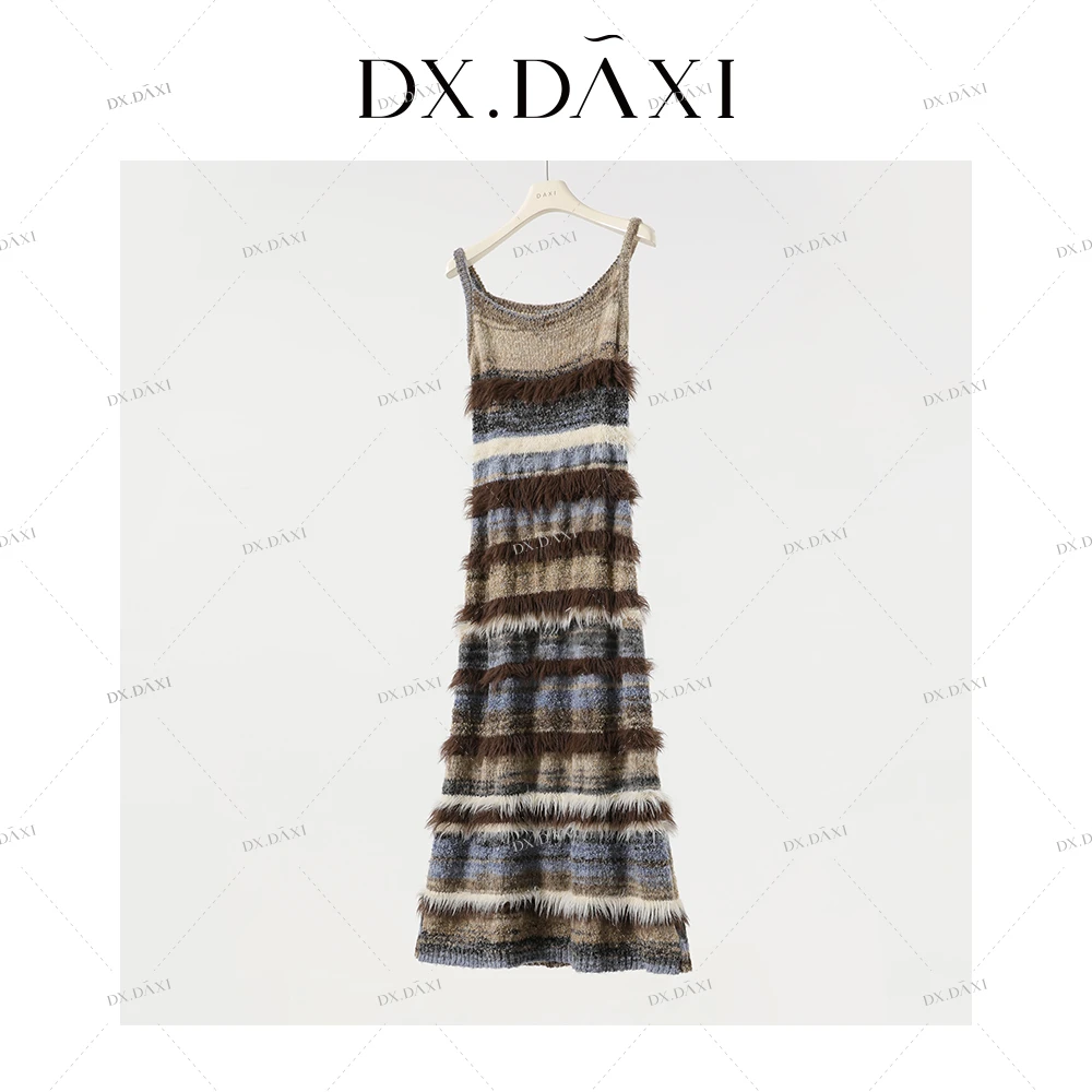 代大喜【森林舞】咖色条纹吊带针织连衣裙秋新款宽松显瘦百搭长裙
