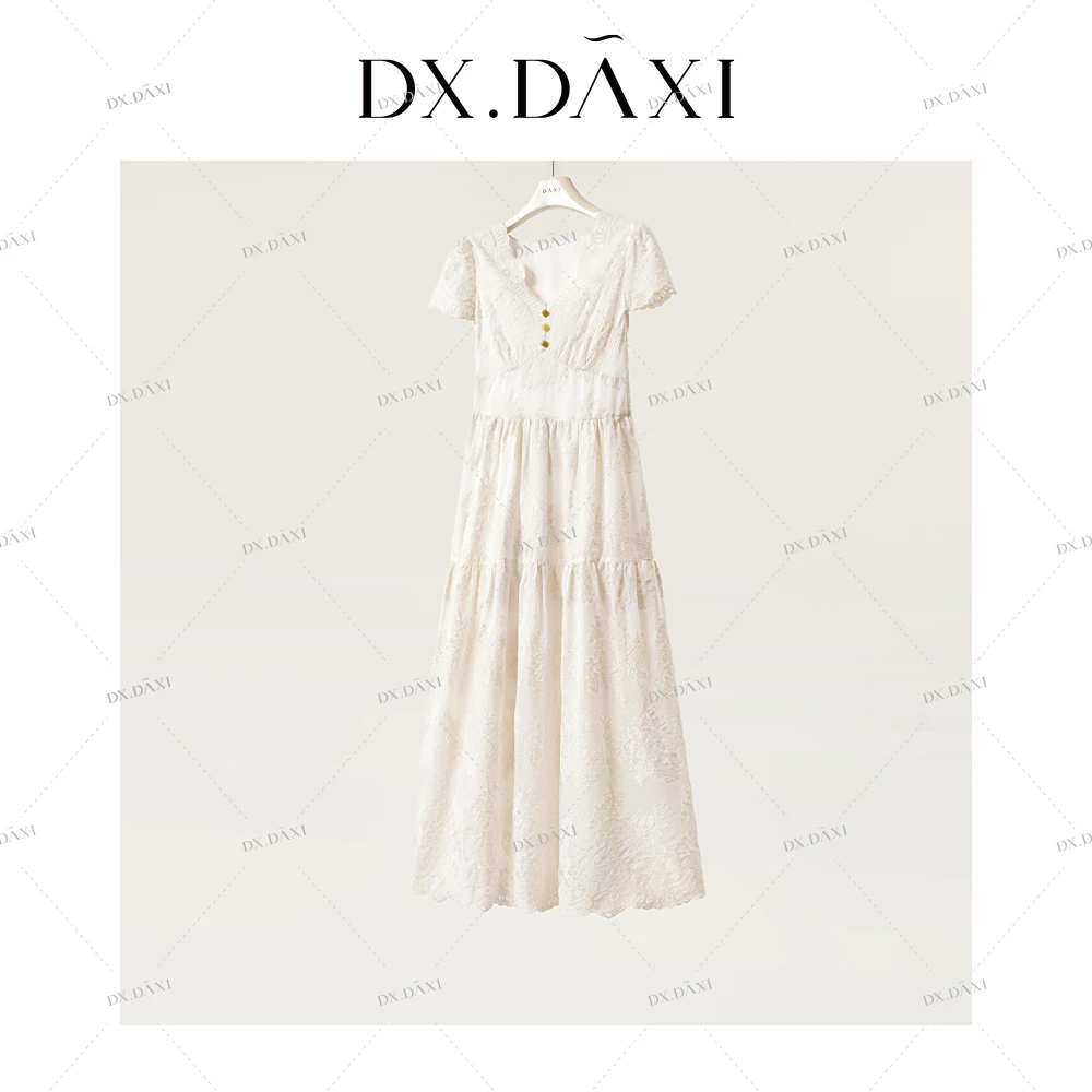 DX.DAXI【白粹清泉】温柔法式v领蕾丝气质连衣裙夏季时尚白色长裙