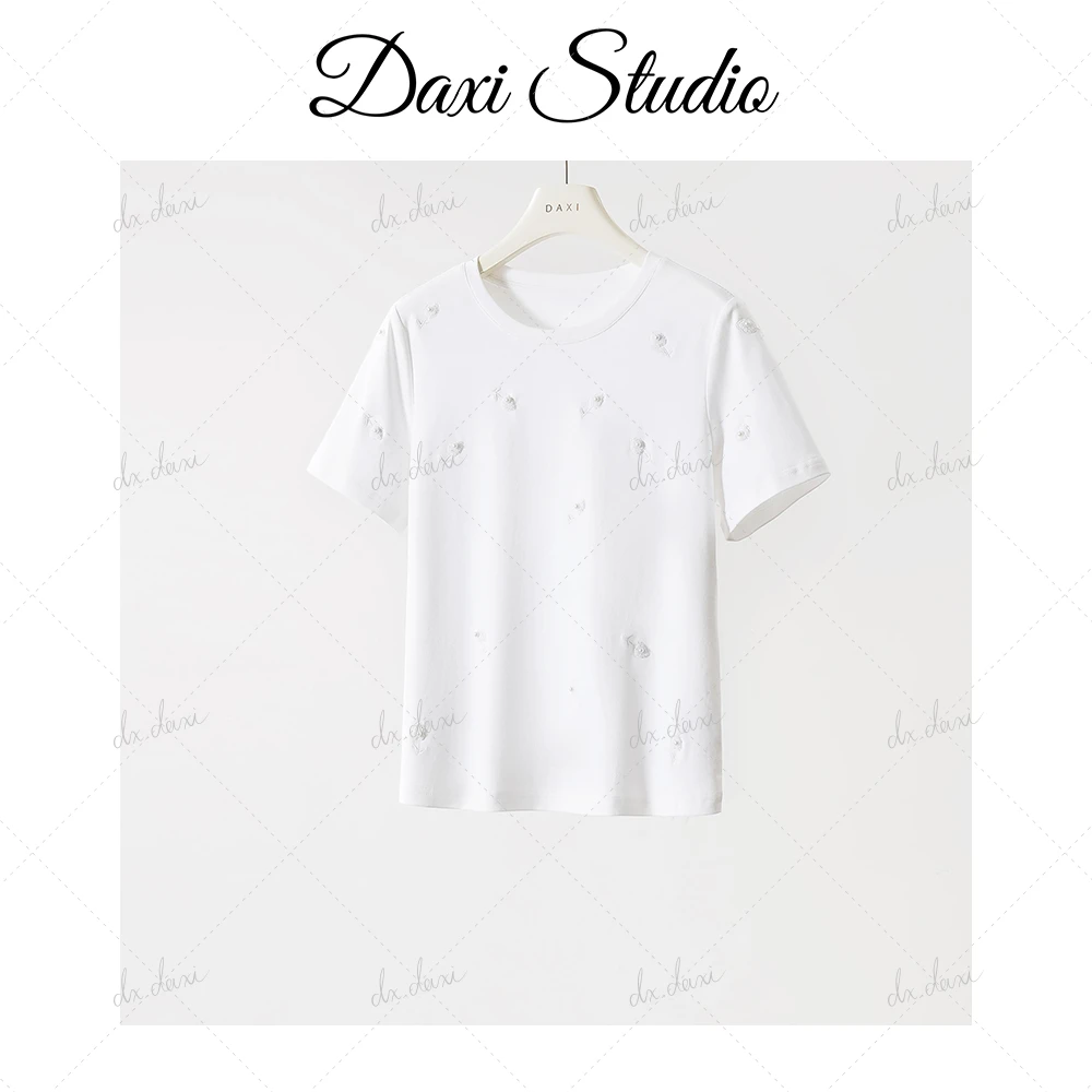 DX.DAXI【白色浪漫】立体钉珠短袖T恤女2024年春夏新款圆领纯白上衣