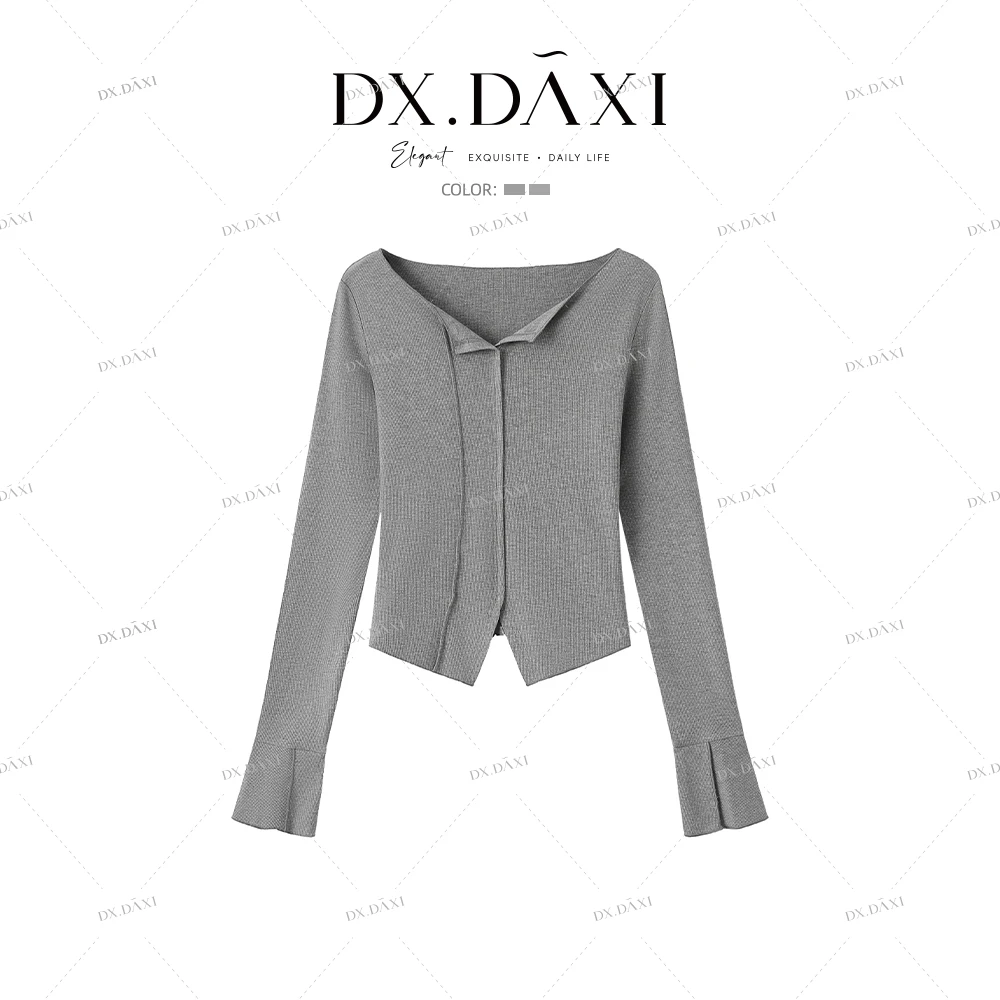 代大喜【淡栀忧雨】气质显瘦百搭时尚针织长袖T恤秋季新款黑色上衣