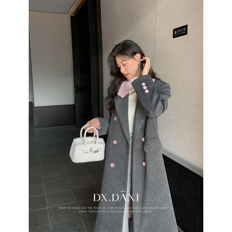 代大喜【可可粉淡】撞色气质时尚翻领西装毛呢大衣秋季新款长外套