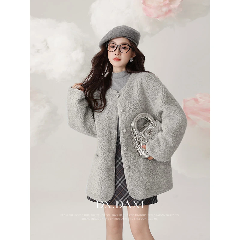 代大喜【暖绒绒】圆领盘扣宽松休闲毛毛外套冬季新款百搭上衣