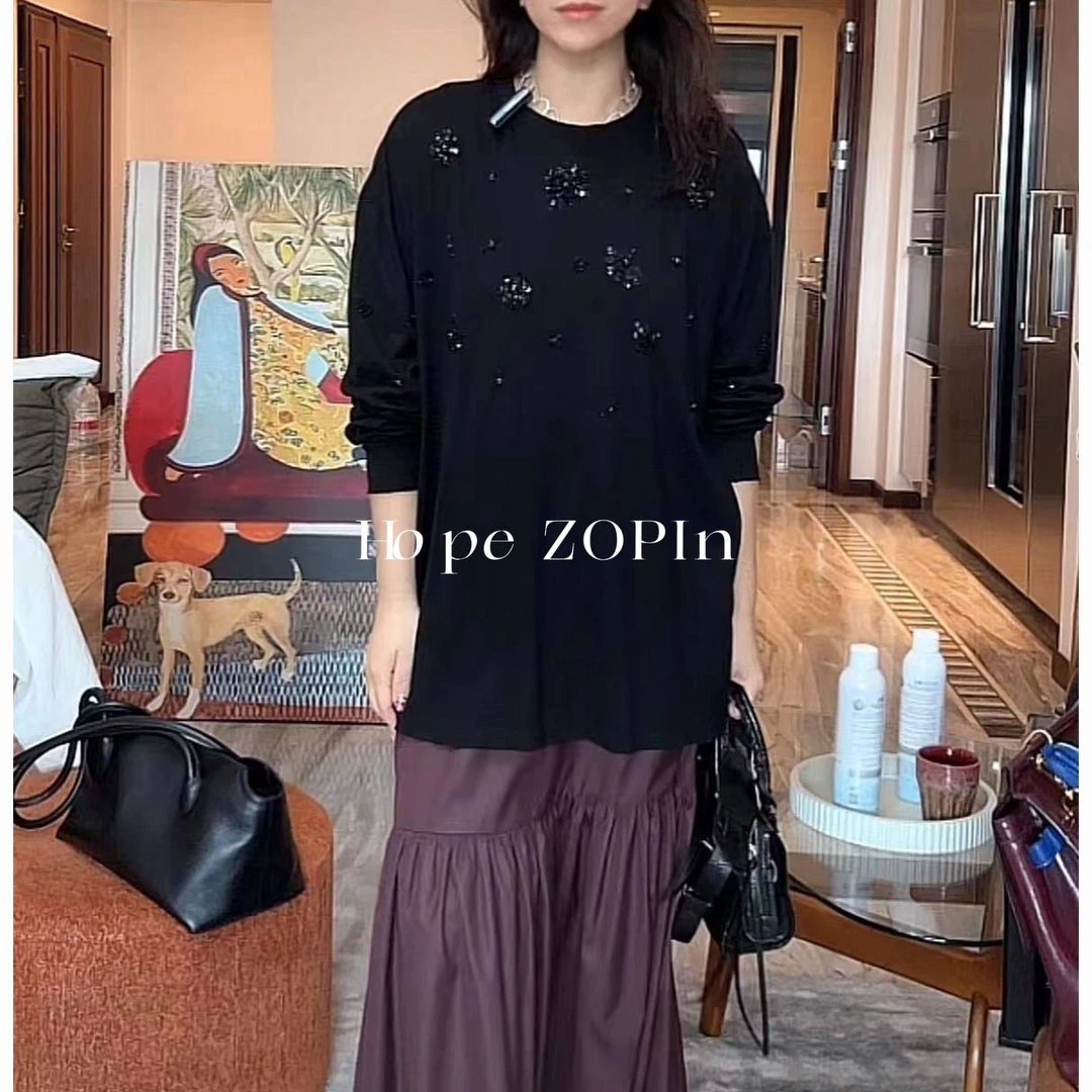 【大G精选】“精致lady” 小众设计感重工钉珠亮片长袖圆领T恤