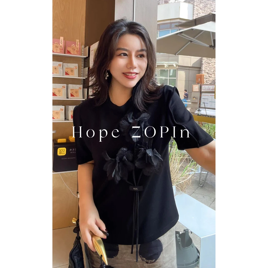 【大G精选】法式立体装饰花软糯艺术花T恤显瘦夏季T