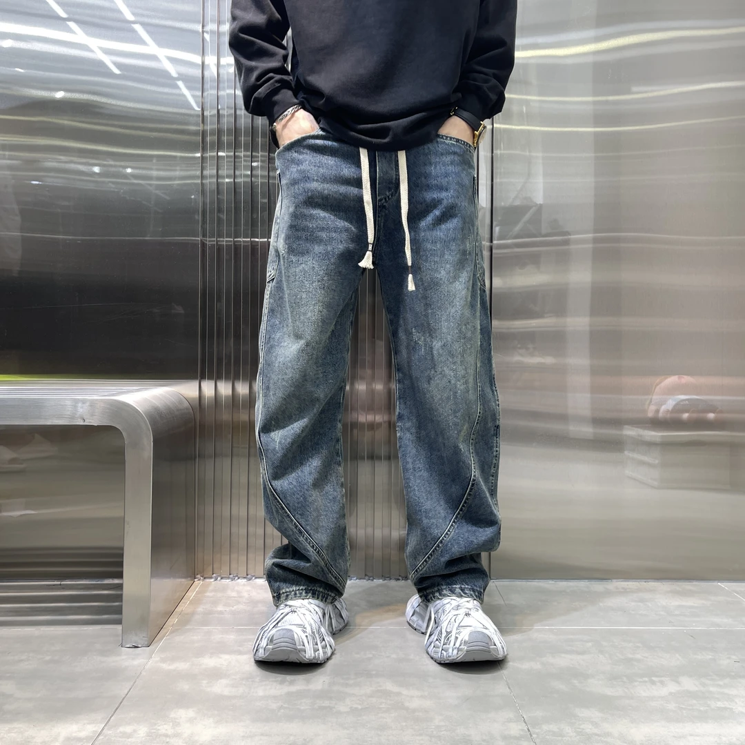 秋季新款复古水洗做旧爆款拼接弯刀裤阔腿美式牛仔裤潮流牛仔裤