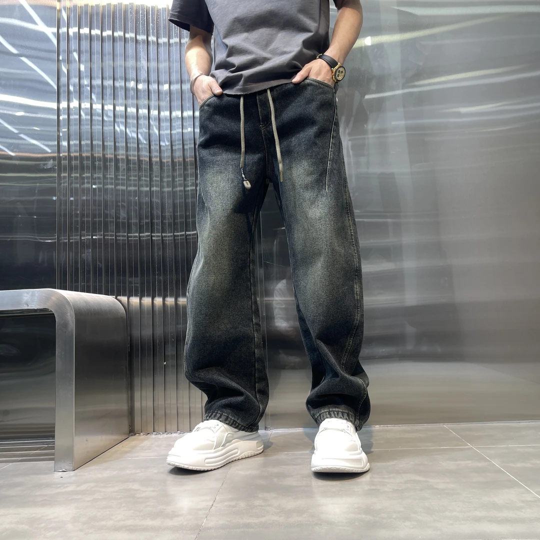 冬季新款加绒加厚美式复古潮流牛仔裤男士宽松直筒百搭高街裤子男