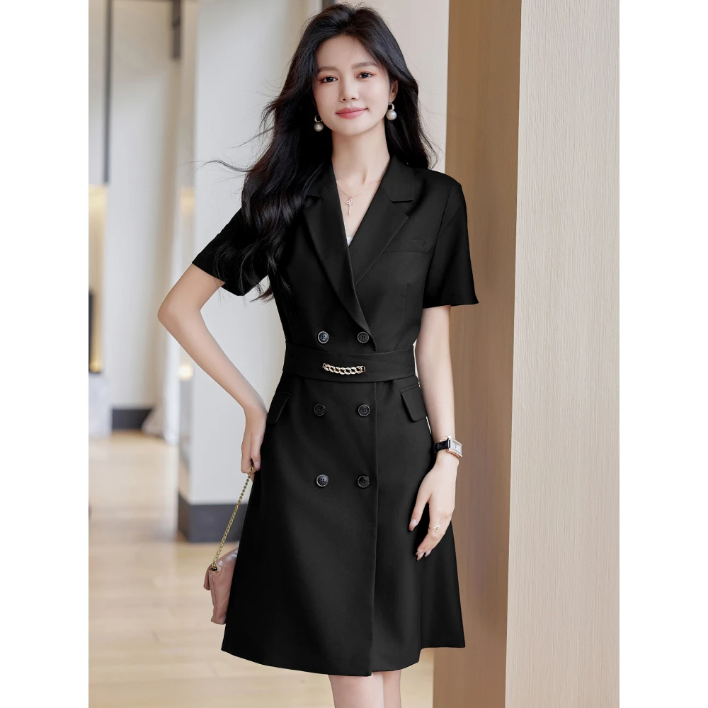 黑色短袖西装连衣裙女夏季2025新款高级感时尚收腰气质职业工作服
