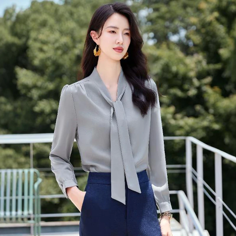 灰色衬衫女春秋轻奢高级感气质高端飘带上衣职业雪纺衬衣