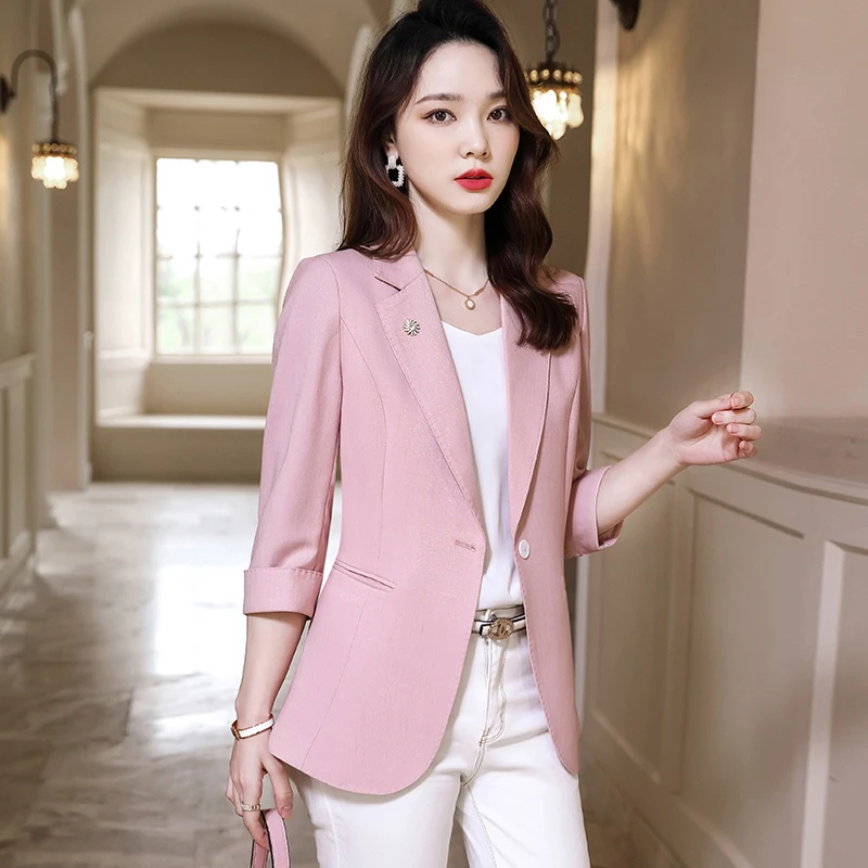 粉色小西装外套女2025年夏季韩版高端休闲显瘦气质小西服薄款上衣
