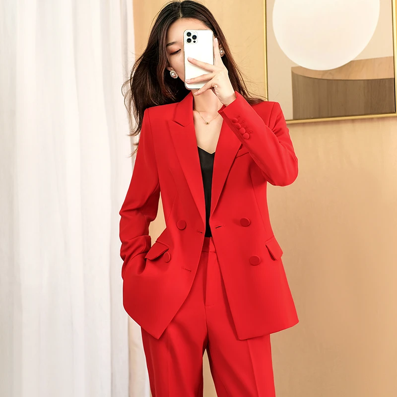 大红色西装外套女2025春秋新款主持人工作服面试正装职业西服套装