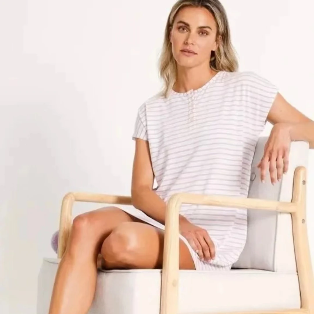 欧美单女士夏季春夏条纹透气休闲宽松圆领藕粉色蓝条纹睡裙