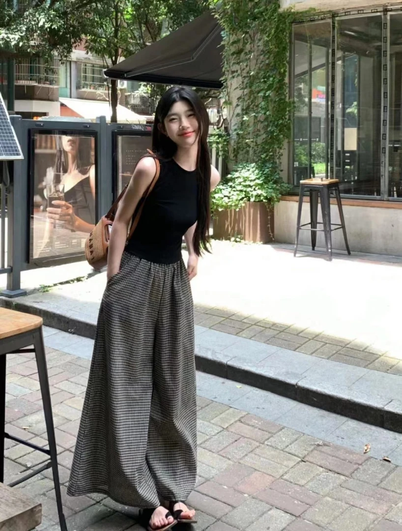 慵懒风复古格子阔腿裙裤废土风韩版夏显瘦宽松休闲裤3135