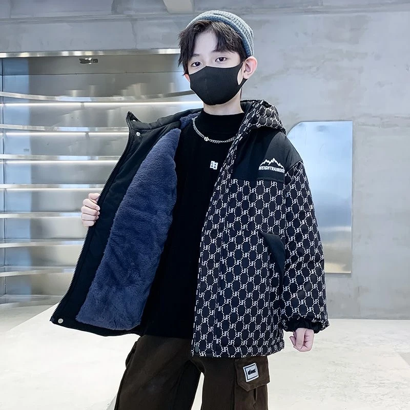 男童加绒外套风衣2025新款中大儿童冬装加厚棉衣男孩洋气派克服潮