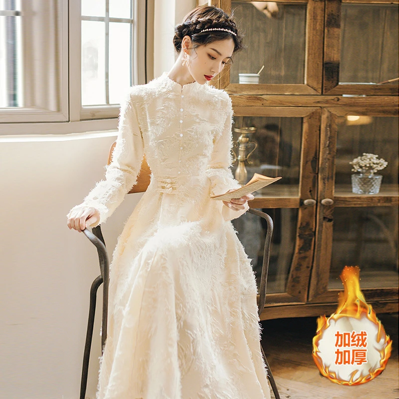 【加绒加厚】国风复古连衣裙长袖温柔仙女裙长款超仙内搭裙显瘦6248