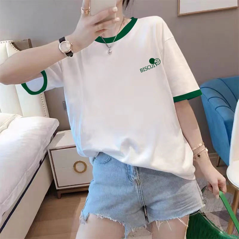 S107#设计感纯棉短袖撞色拼接t恤女 高质量爆款 48小时内都能发货