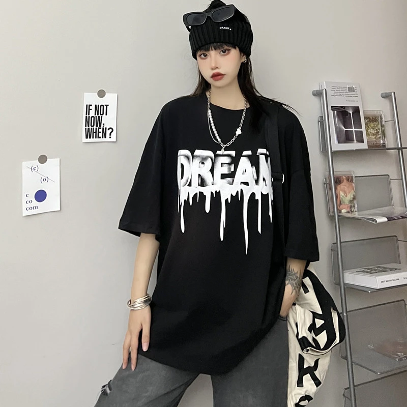t332#精棉2023夏季印花港风宽松t恤女黑色短袖潮牌半袖男女同款
