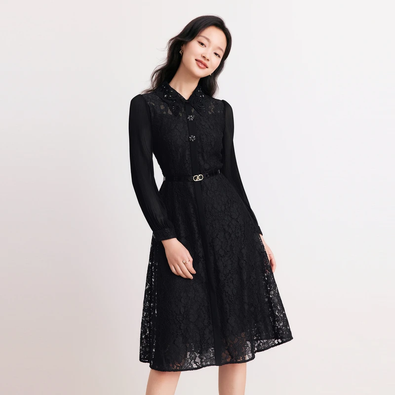 【珂莱蒂尔Koradior】秋季蕾丝时尚气质长袖黑色优雅女装KF09413W0